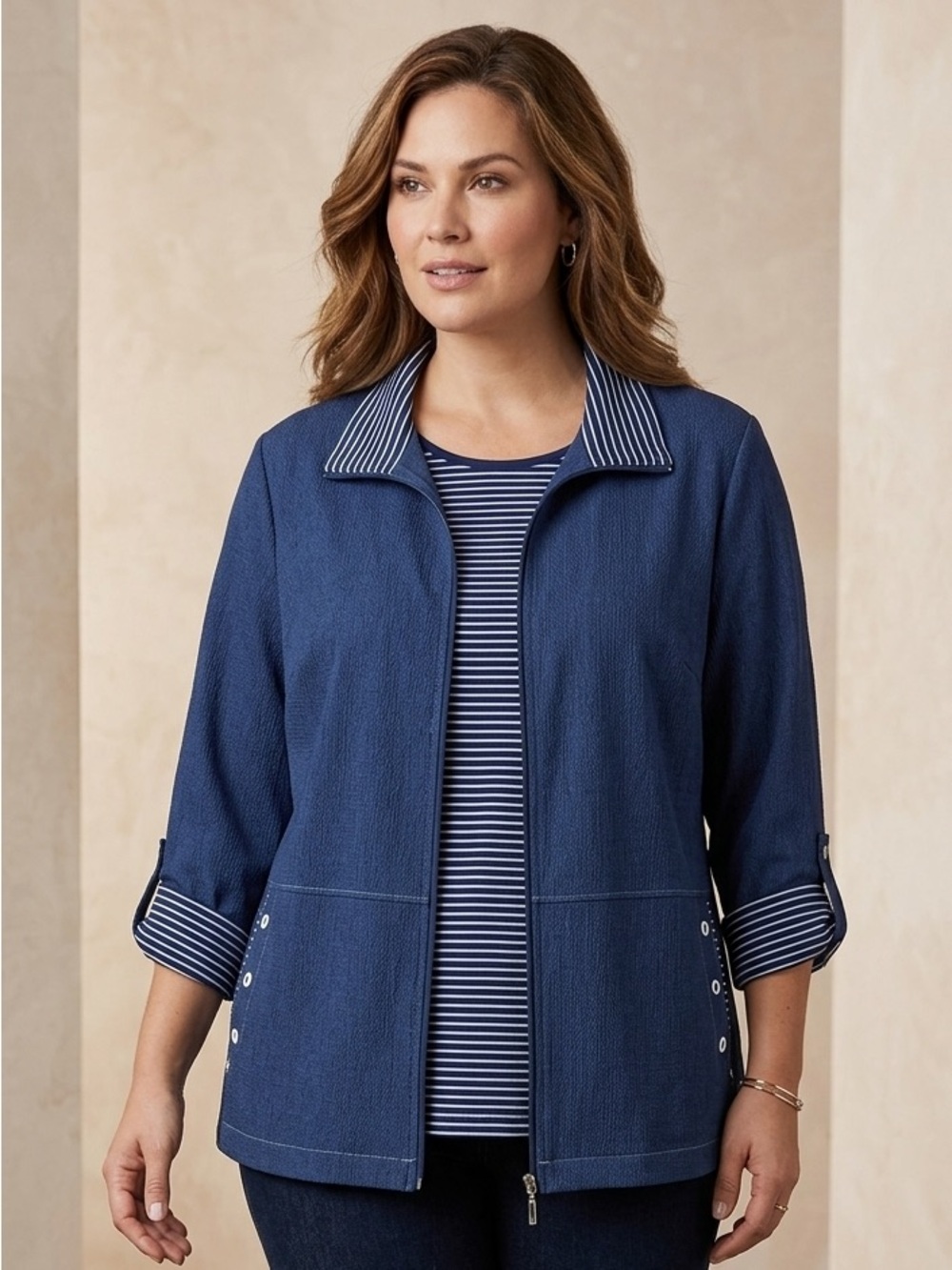 Allison Daley 2-Piece Jacket and Top Set Blue & White Striped Zip Front 18 & 2x